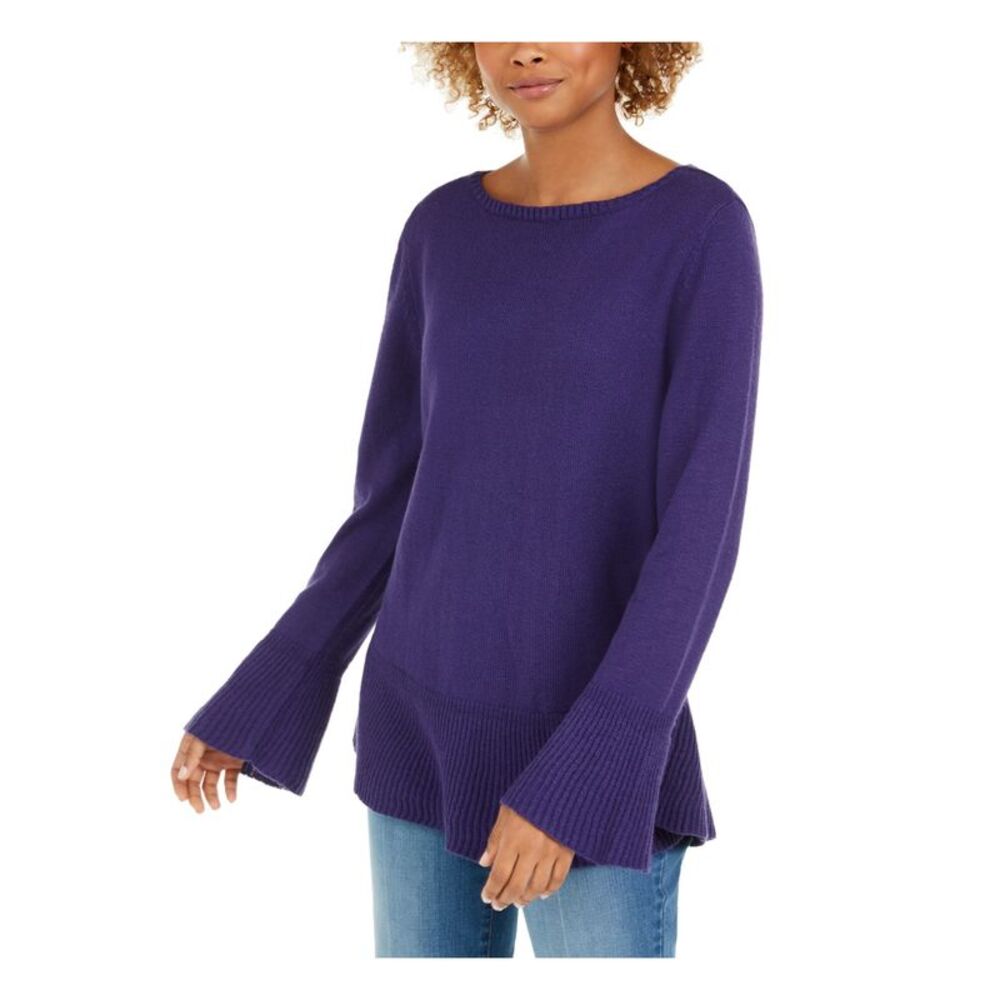 STYLE & COMPANY Womens Purple Bell Sleeve Jewel Neck Sweater Petites Size: PM